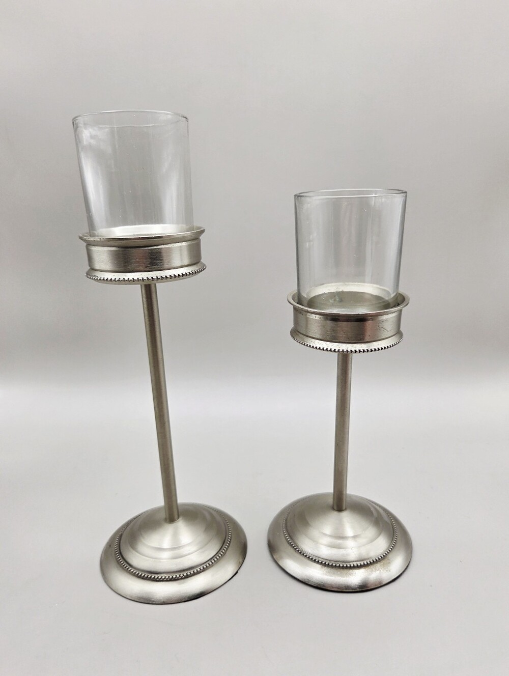 Indiana Glass Co. Set of 2 Brushed Nickel Candleholders with Votive Cups